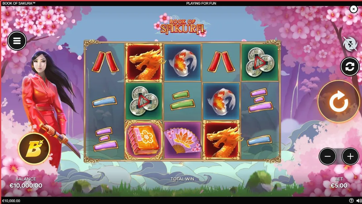 Cenário sereno de cerejeiras em flor com elementos do jogo Book of Sakura
