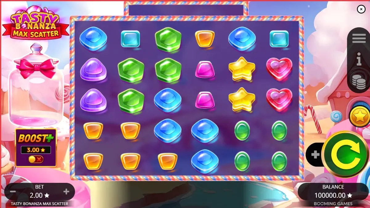 Interface vibrante e colorida do slot Tasty Bonanza Max Scatter com doces e guloseimas